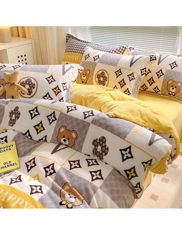 Autumn and winter thickened milk velvet bed four piece set, double-sided plush warm coral velvet bed sheet and quilt cover, three piece set wholesale