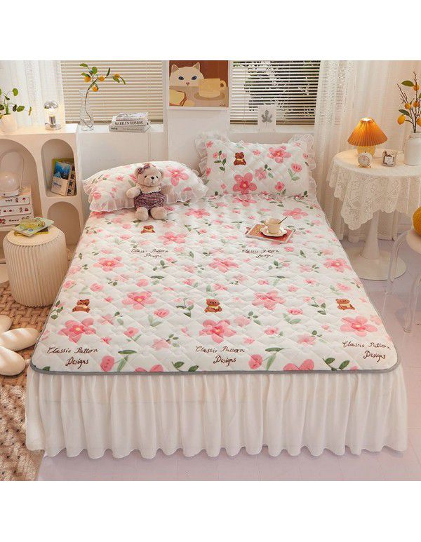 Class A milk flannel lace bed skirt antibacterial cotton quilt bed cover mattress thickened densified soybean anti bacteria bed skirt three piece set