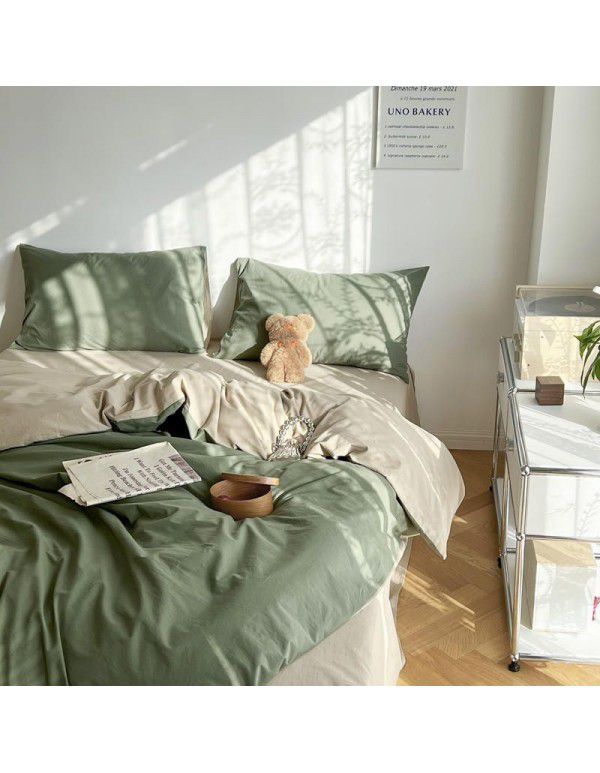 Japanese simple cotton double piece washable cotton four piece set solid color Nordic style cotton quilt cover bed sheet and fitted sheet