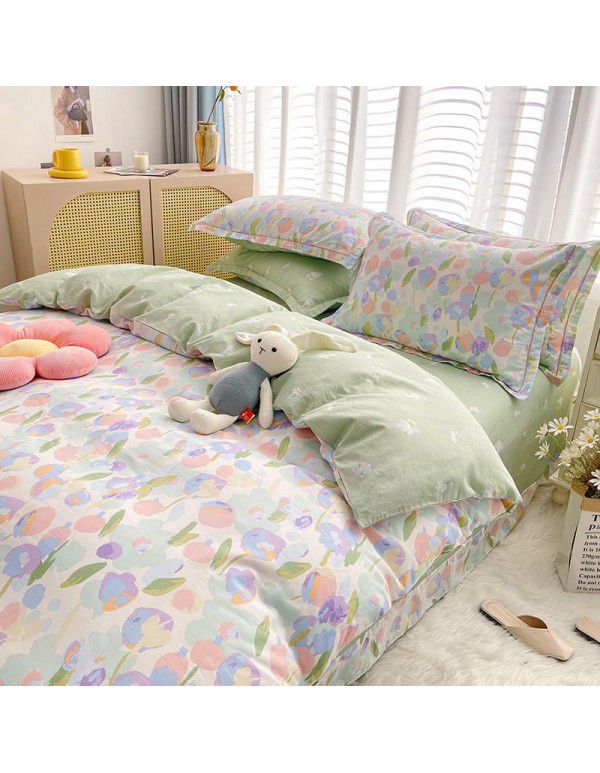 Live broadcast 40s printing jet cotton four piece set ins small fresh pure cotton twill single double bed sheet quilt cover wholesale