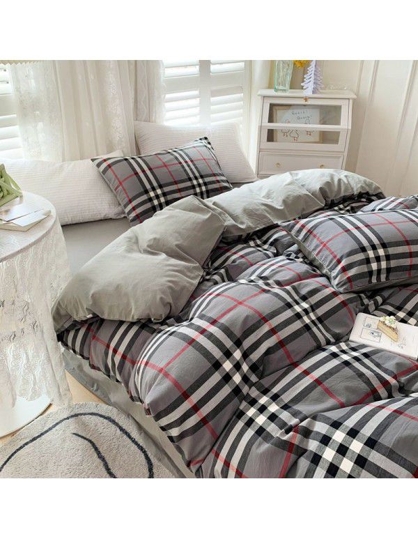 Cotton Yarn dyed Washed Cotton Four Piece Set Pure Cotton Printless Manufacturer Direct Sales Bedding, Quilt Cover, Japanese Style Good Fitted Sheet Wholesale