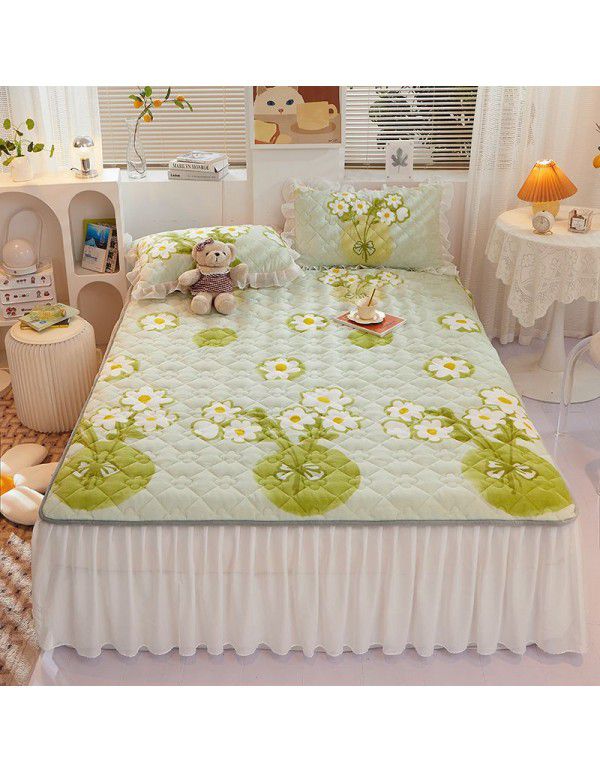 Class A milk flannel lace bed skirt antibacterial cotton quilt bed cover mattress thickened densified soybean anti bacteria bed skirt three piece set