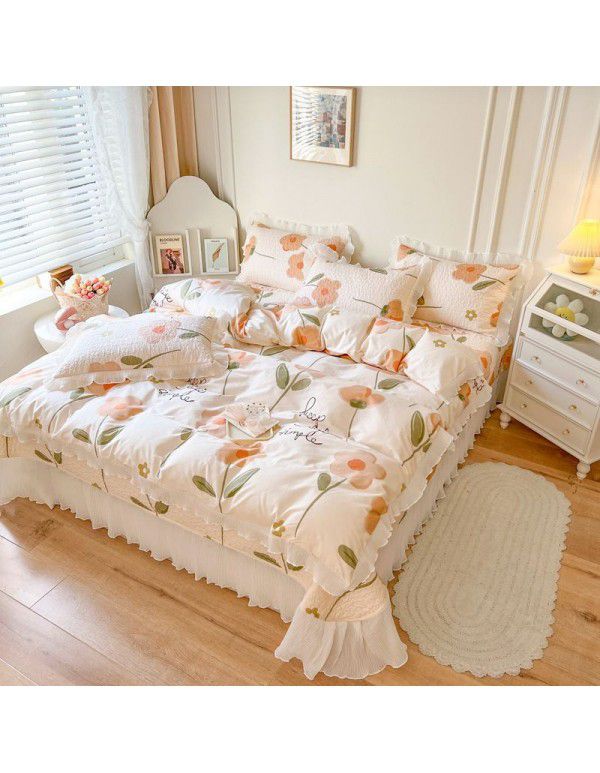 Ins Small fresh pure cotton bed sheet quilt cover fall and winter cotton bed cover three piece quilt fitted sheet four piece quilt cover