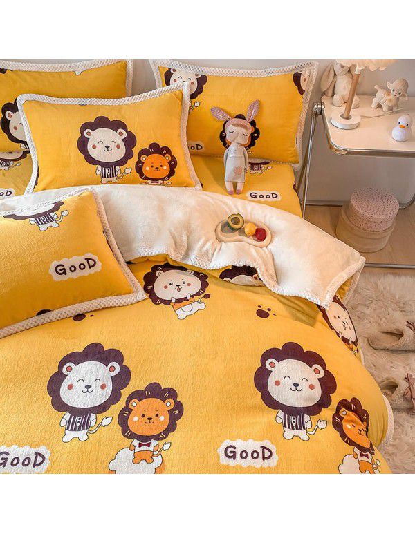 Ins Winter Milk Wool 4-Piece Rabbit Wool Quilt Cover Sheet Pastoral Warm Upset Double Sided Wool Bedding 4