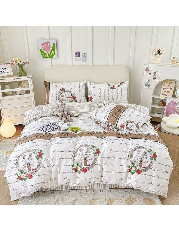 Nantong Xiaoqingxin Floral Four piece Set 100% Cotton Bedding Sheet and Quilt Cover Dormitory Three piece Nude Sleeping Set