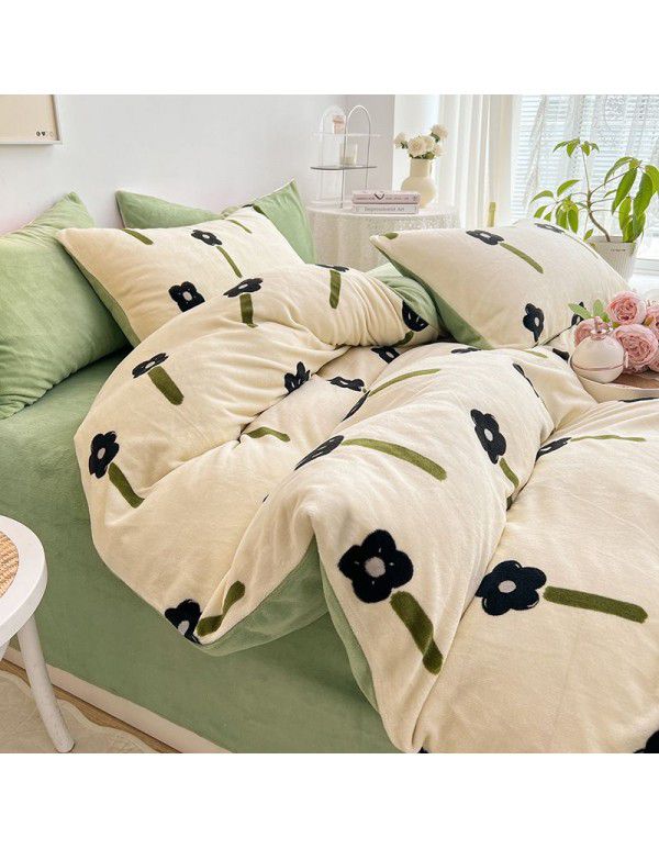 Autumn and winter cartoon small fresh milk velvet four piece set plush double faced plush thickened bed sheet quilt cover bed three piece set