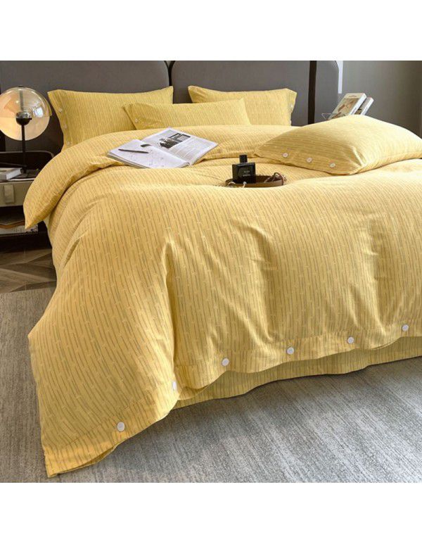 Good thick brushed 4-piece set of all cotton pure cotton simple stripes in autumn and winter