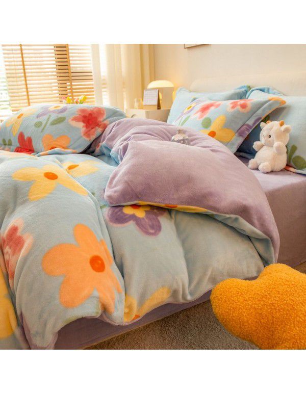 Winter four piece milk velvet thickened warm small fresh flannel quilt cover bedspread bedding live wholesale