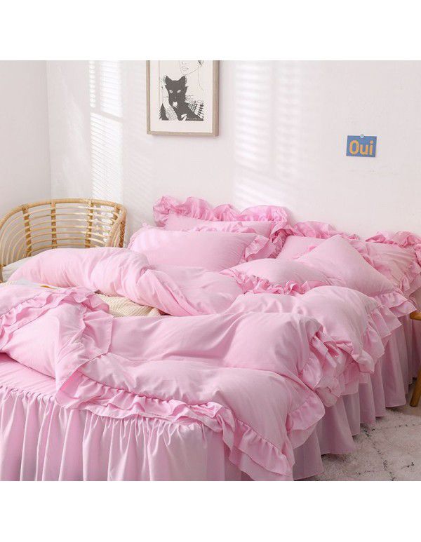 Ins girl's heart wash cotton bed skirt four piece princess style bed sheet quilt cover three piece 1.5/1.8m bed 