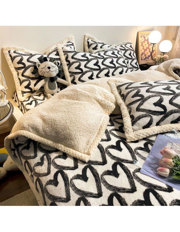 Thickened Milk Cashmere Bed 4-Piece Lamb Cashmere Checker Quilt Cover Winter Coral Cashmere Bedding Piece 3-Piece Men's Sheet Set