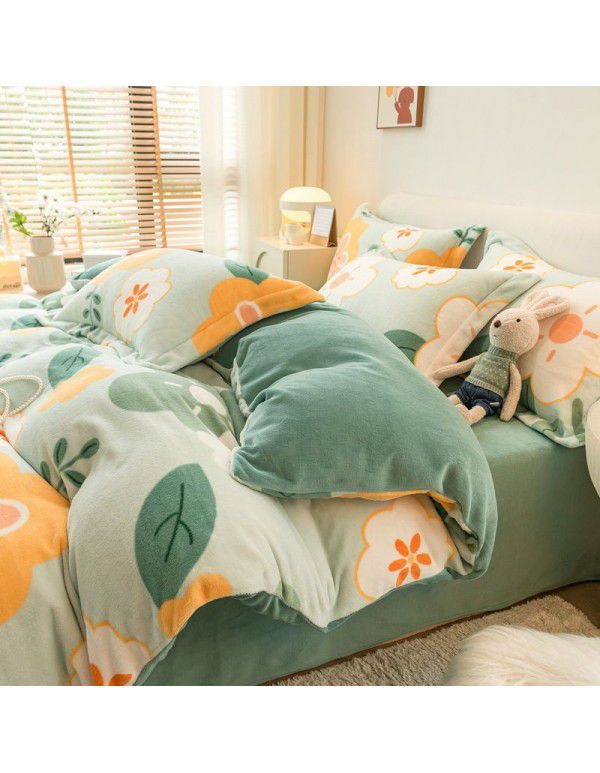 Winter four piece milk velvet thickened warm small fresh flannel quilt cover bedspread bedding live wholesale