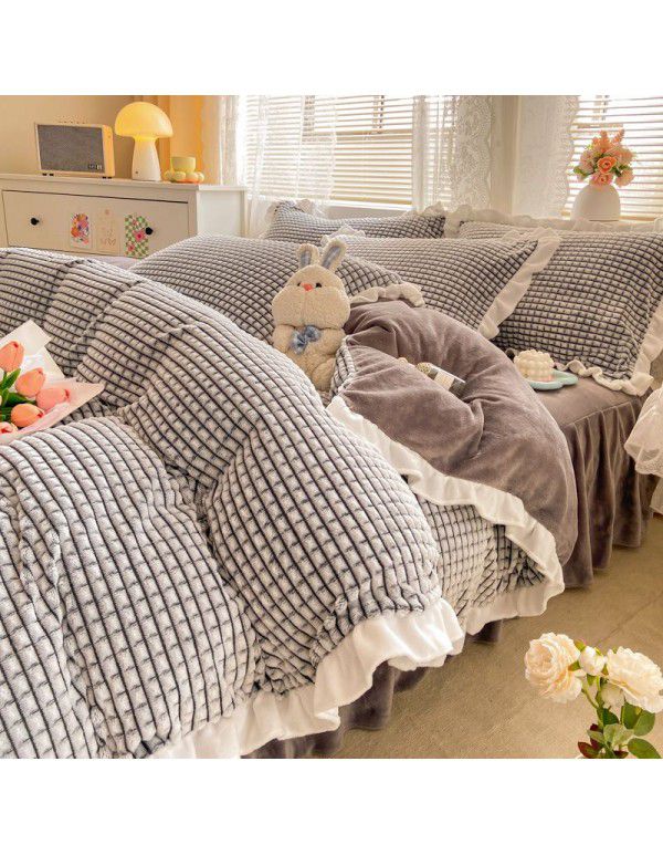In winter, Korean version thickened princess style milk velvet four piece set, Jane lattice lace warm bed sheet, quilt cover, student three piece set