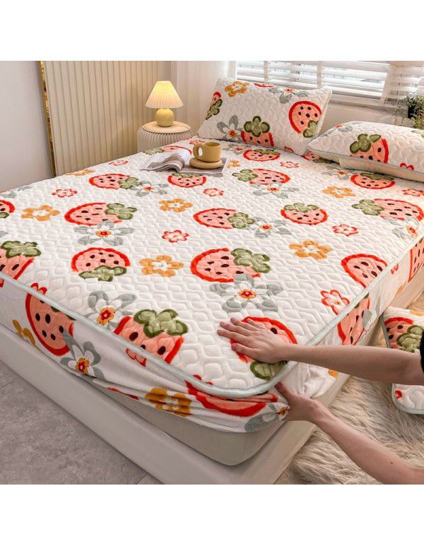 New Milk Down Fitted Sheet One Piece Winter Flange Coral Down Thickened Cotton Fitted Sheet Stuffed Anti slip Protection Mattress