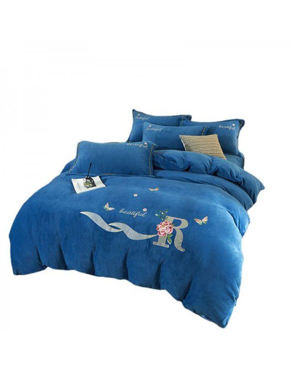 Autumn and winter thickened milk velvet four piece set, flower embroidery flannel quilt cover, bed sheet, bedding set, wholesale