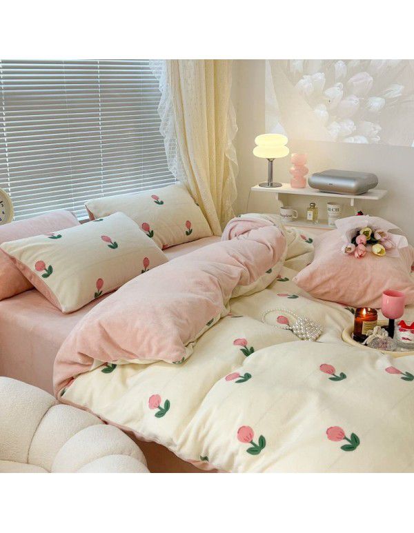 Ins fresh tulip milk velvet four piece set floral coral velvet bed sheet winter thickened quilt cover warm bed