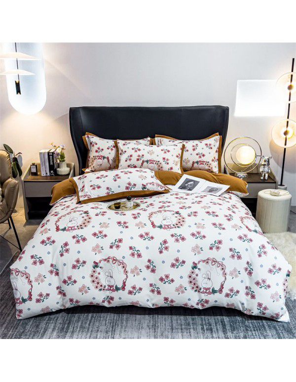 New Autumn and Winter Pure Class A Washed Cotton and Hemp 4-Piece Double Layer Yarn Cotton Small Fresh Quilt Cover Flat Sheet Live Broadcast Hot Sale