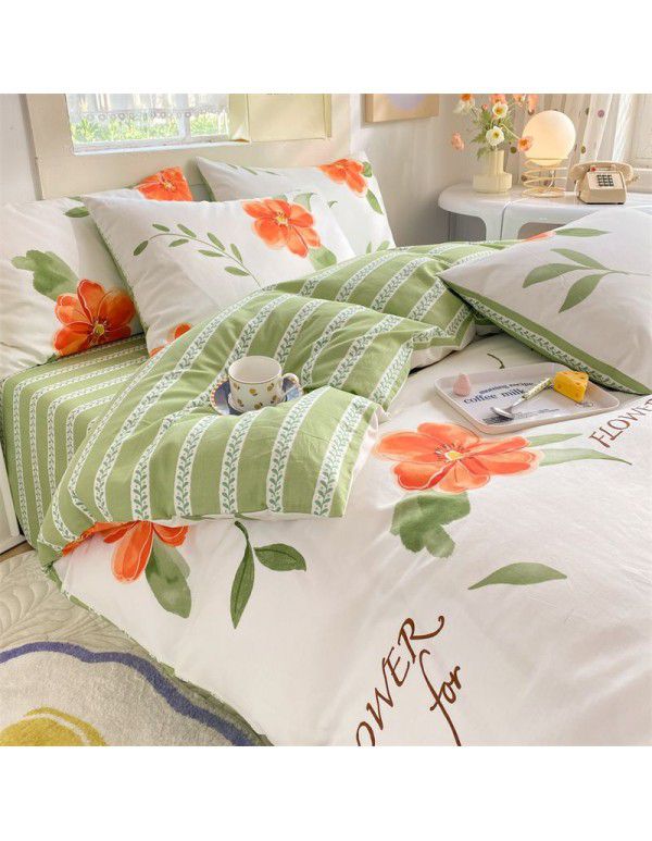 Mengjiuran 60 Thread Count Small Fresh Cotton 4-Piece Set Autumn and Winter Cotton 3-Piece Dormitory Flat Sheet Quilt Cover Fitted Sheet