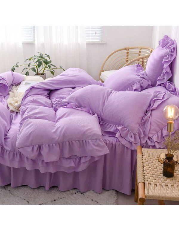 Ins girl's heart wash cotton bed skirt four piece princess style bed sheet quilt cover three piece 1.5/1.8m bed 