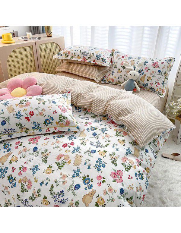 Live broadcast 40s printing jet cotton four piece set ins small fresh pure cotton twill single double bed sheet quilt cover wholesale