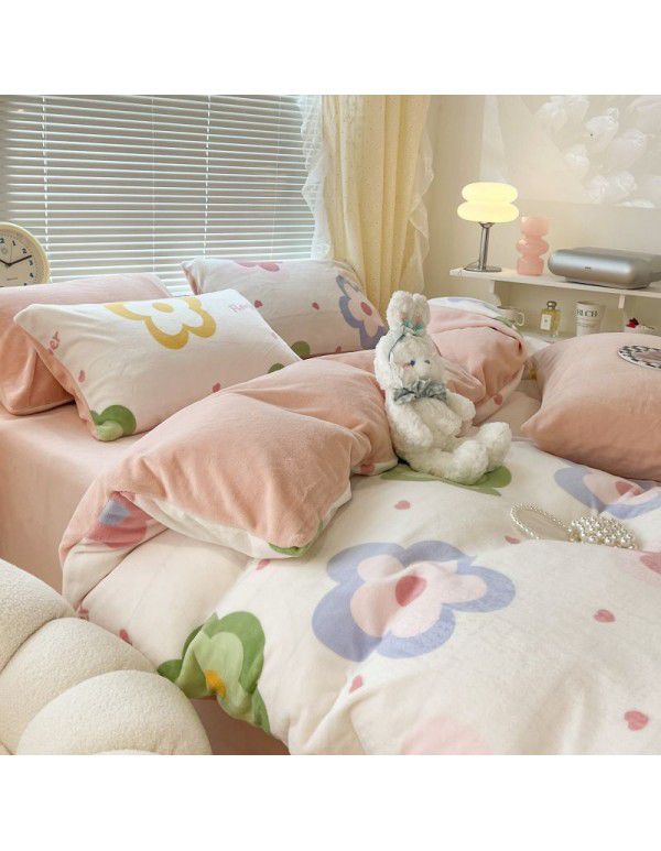 Ins fresh tulip milk velvet four piece set floral coral velvet bed sheet winter thickened quilt cover warm bed