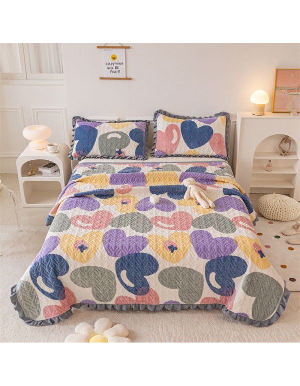 Autumn and winter thickened milk velvet bed cover three piece quilted cotton crystal velvet blanket lace warm blanket sub sheet