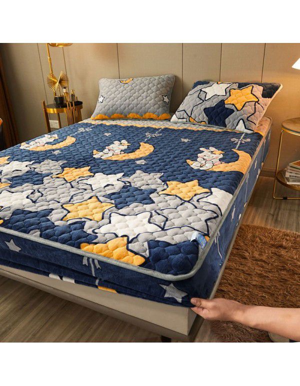 New Milk Down Fitted Sheet One Piece Winter Flange Coral Down Thickened Cotton Fitted Sheet Stuffed Anti slip Protection Mattress