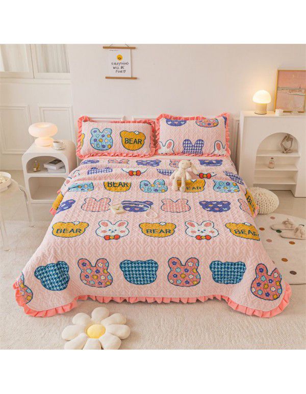 Autumn and winter thickened milk velvet bed cover three piece quilted cotton crystal velvet blanket lace warm blanket sub sheet