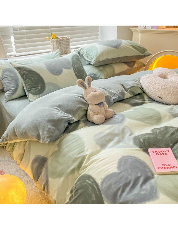 Winter A pure cotton B milk velvet bedding 4-piece set thickened cotton coral velvet quilt cover flange flannel bedspread