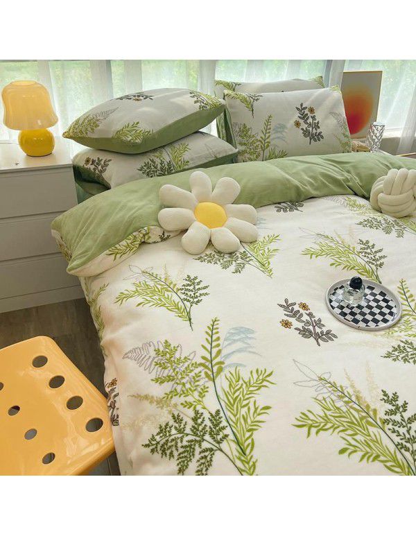 Autumn and winter cartoon small fresh milk velvet four piece set plush double faced plush thickened bed sheet quilt cover bed three piece set
