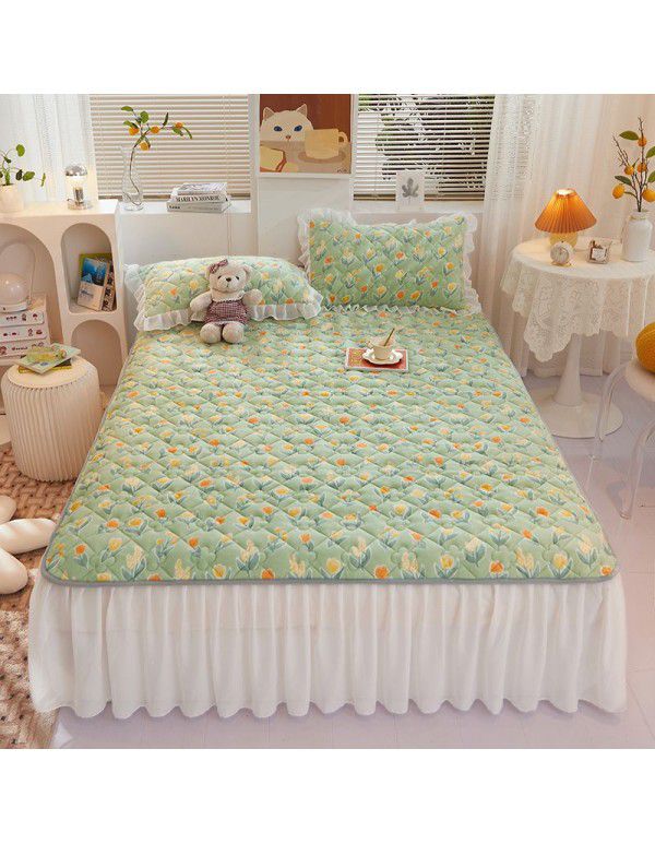 Class A milk flannel lace bed skirt antibacterial cotton quilt bed cover mattress thickened densified soybean anti bacteria bed skirt three piece set