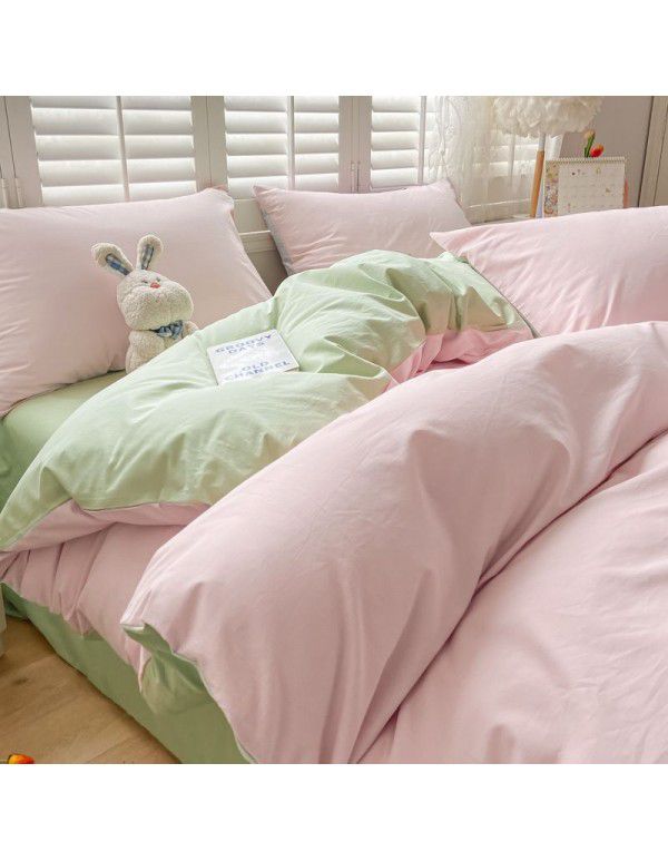 Ins style simple bedding cream style kit nude sleeping water washing cotton sheet quilt cover student dormitory four piece set