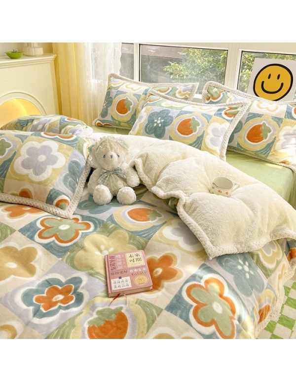Ins Winter Milk Wool 4-Piece Rabbit Wool Quilt Cover Sheet Pastoral Warm Upset Double Sided Wool Bedding 4
