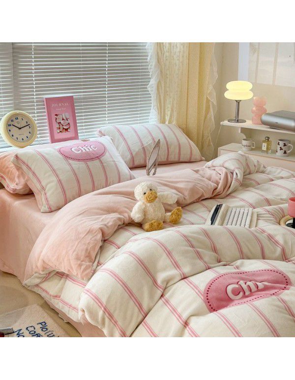 Ins fresh tulip milk velvet four piece set floral coral velvet bed sheet winter thickened quilt cover warm bed