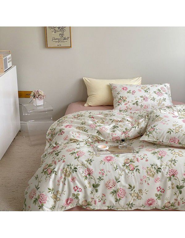 Nantong Xiaoqingxin Floral Four piece Set 100% Cotton Bedding Sheet and Quilt Cover Dormitory Three piece Nude Sleeping Set