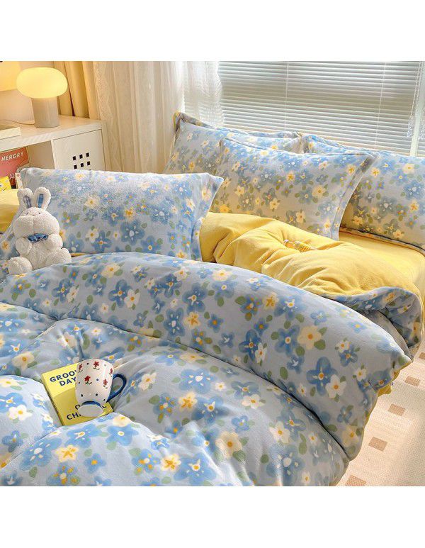 Autumn and winter thickened milk velvet bed four piece set, double-sided plush warm coral velvet bed sheet and quilt cover, three piece set wholesale