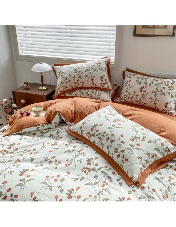 New Autumn and Winter Pure Class A Washed Cotton and Hemp 4-Piece Double Layer Yarn Cotton Small Fresh Quilt Cover Flat Sheet Live Broadcast Hot Sale
