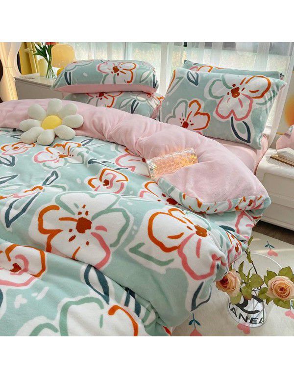Autumn and winter cartoon small fresh milk velvet four piece set plush double faced plush thickened bed sheet quilt cover bed three piece set