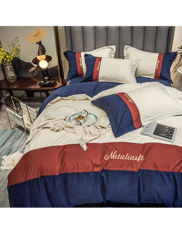 spring and autumn simple solid color washed cotton four piece set color contrast splicing household fitted sheet 1.8m dormitory supplies wholesale