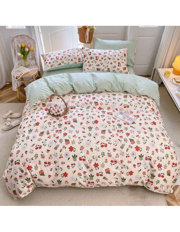 Nantong Xiaoqingxin Floral Four piece Set 100% Cotton Bedding Sheet and Quilt Cover Dormitory Three piece Nude Sleeping Set