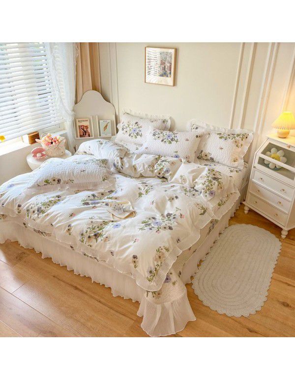 Ins Small fresh pure cotton bed sheet quilt cover fall and winter cotton bed cover three piece quilt fitted sheet four piece quilt cover