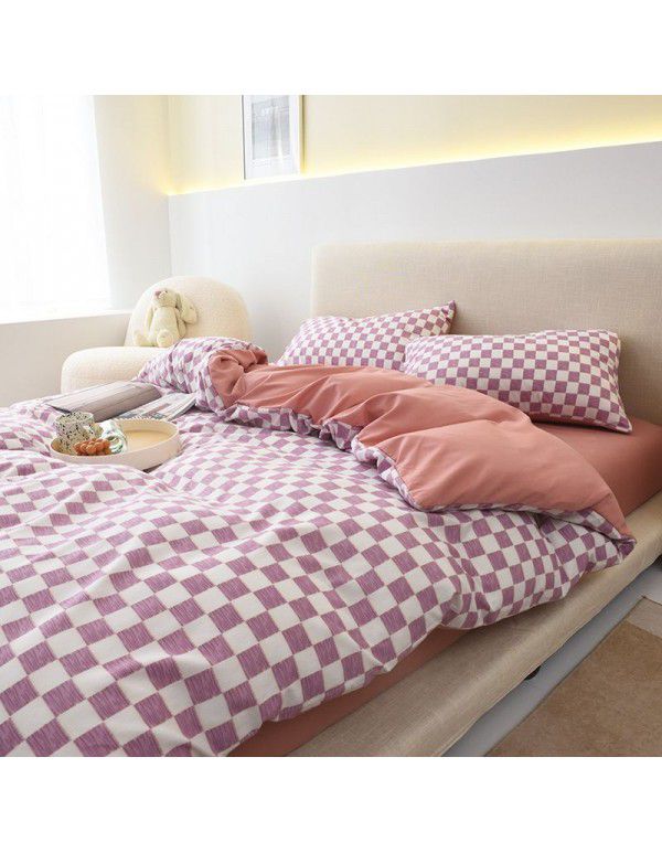 Japanese non printing feng shui cotton four piece set, active printing and dyeing thickened brushed bed sheet, student dormitory three piece set