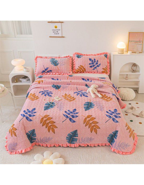 Autumn and winter thickened milk velvet bed cover three piece quilted cotton crystal velvet blanket lace warm blanket sub sheet