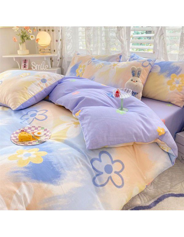 Mengjiuran 60 Thread Count Small Fresh Cotton 4-Piece Set Autumn and Winter Cotton 3-Piece Dormitory Flat Sheet Quilt Cover Fitted Sheet