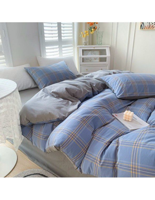 Cotton Yarn dyed Washed Cotton Four Piece Set Pure Cotton Printless Manufacturer Direct Sales Bedding, Quilt Cover, Japanese Style Good Fitted Sheet Wholesale