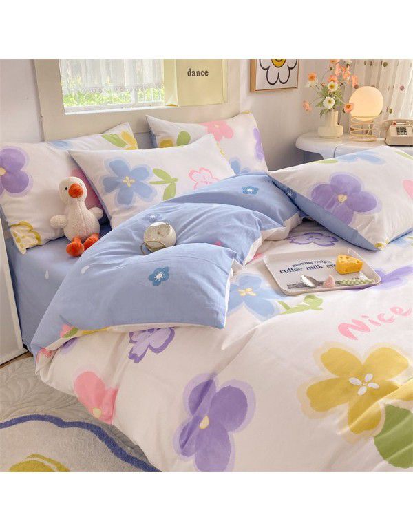 Mengjiuran 60 Thread Count Small Fresh Cotton 4-Piece Set Autumn and Winter Cotton 3-Piece Dormitory Flat Sheet Quilt Cover Fitted Sheet