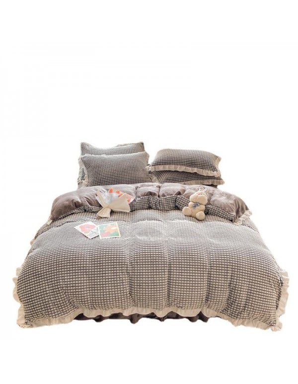 In winter, Korean version thickened princess style milk velvet four piece set, Jane lattice lace warm bed sheet, quilt cover, student three piece set