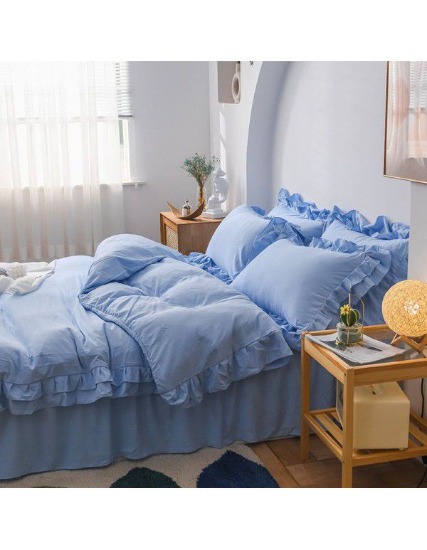 Ins girl's heart wash cotton bed skirt four piece princess style bed sheet quilt cover three piece 1.5/1.8m bed 