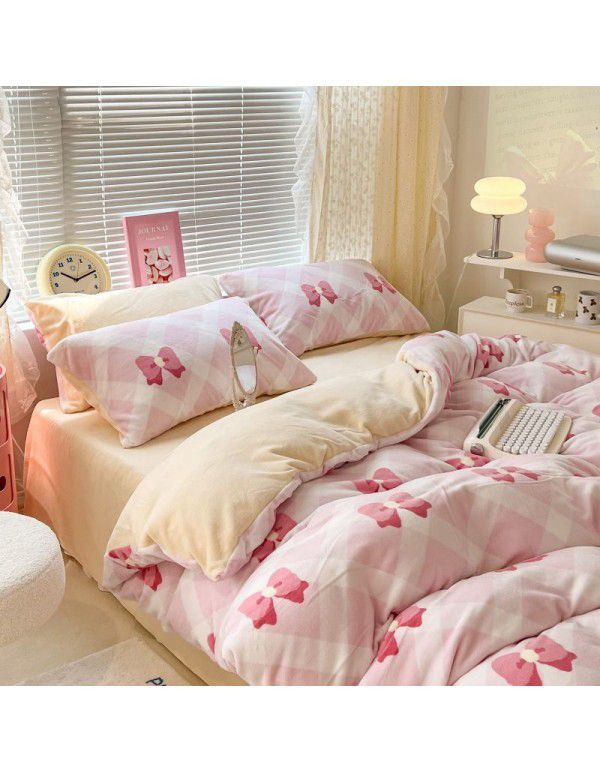 Ins fresh tulip milk velvet four piece set floral coral velvet bed sheet winter thickened quilt cover warm bed