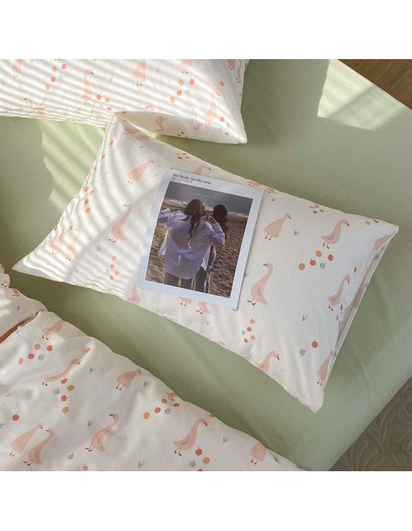Ins style pure cotton four piece set, all cotton cartoon small fresh bed sheet, fitted sheet, quilt cover, nude sleep, color contrast