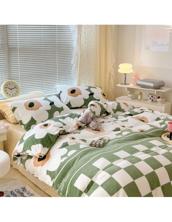 Ins fresh tulip milk velvet four piece set floral coral velvet bed sheet winter thickened quilt cover warm bed